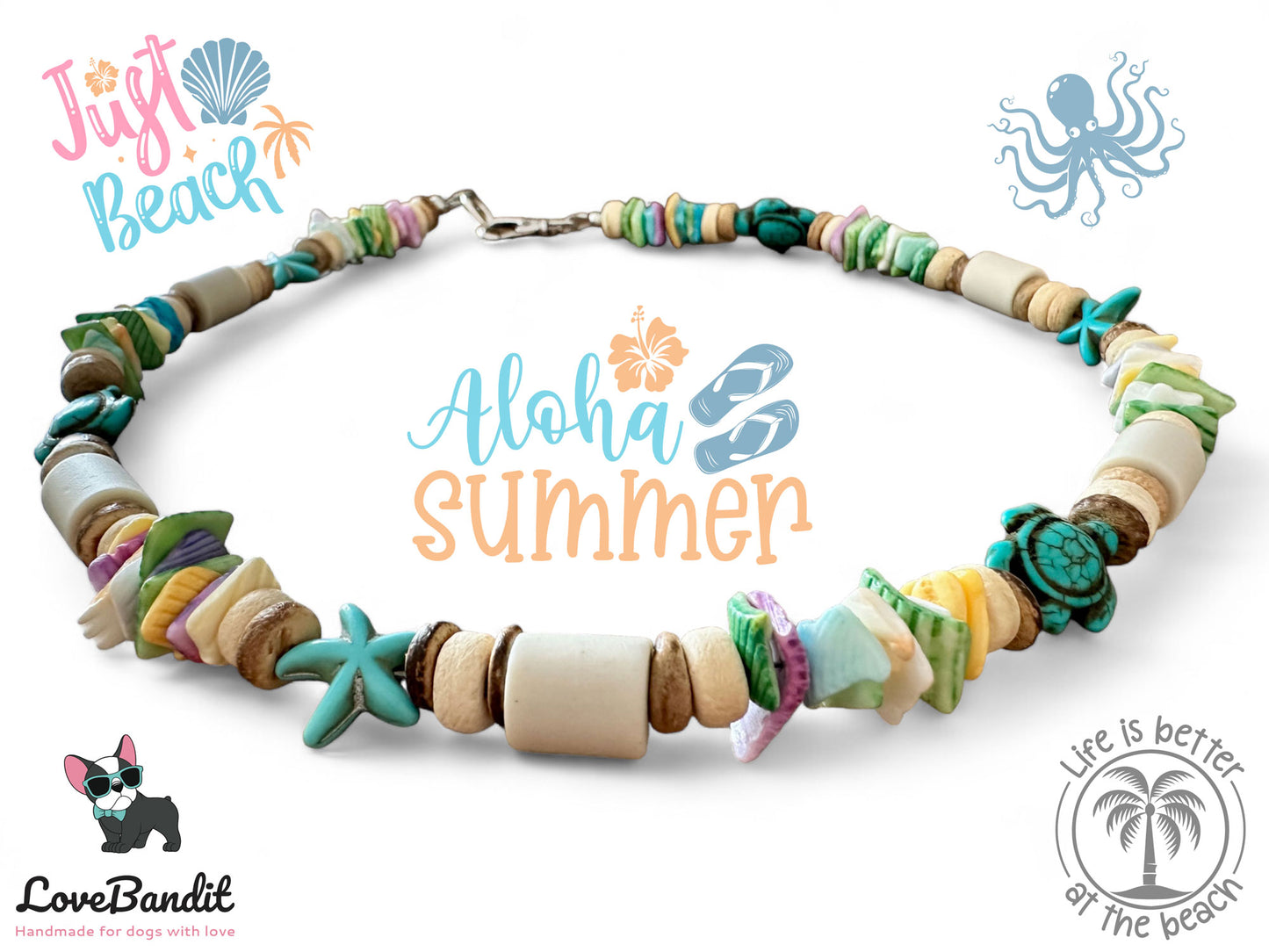 EM Keramik Hundehalsband Zeckenhalsband "Muschel-Love" pastellbunt  - grün gelb blau LoveBandit