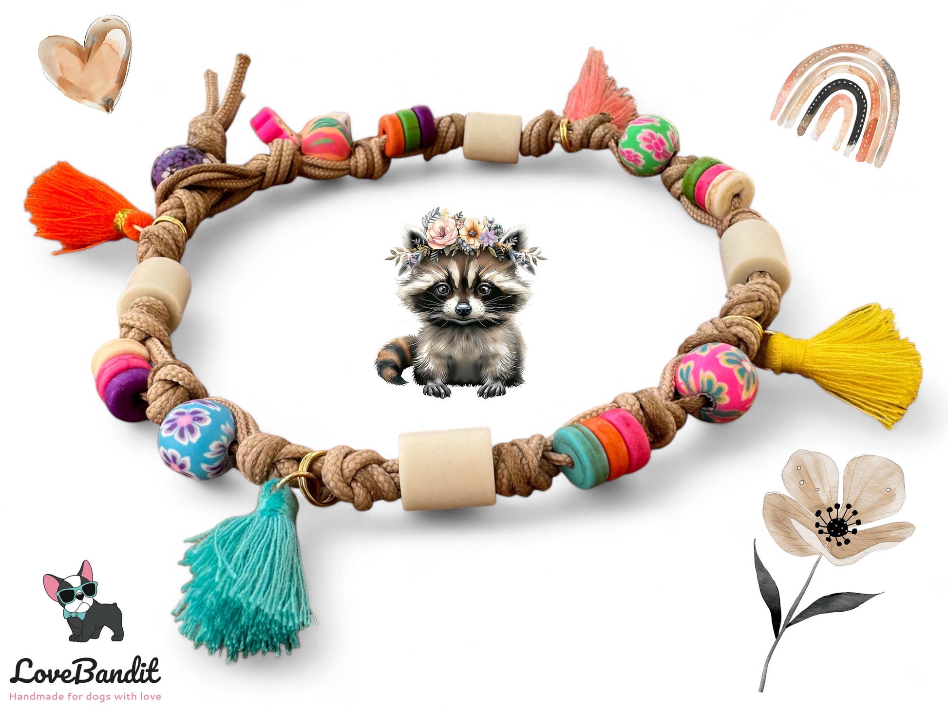 EM Keramik Hundehalsband Keramikhalsband "Poppy" mit bunten Perlen und Quasten LoveBandit