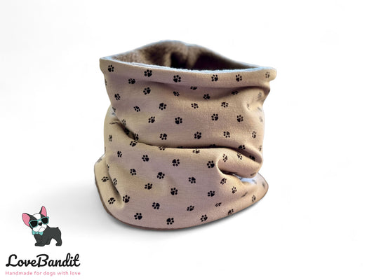 Hundeloop Hundeschal "Pfötchen Traum" taupe mit Fleece oder Teddyplüsch Lovebandit