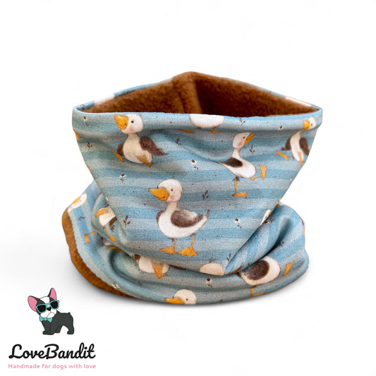 Hundeloop Hundeschal "Kleines Gäns'chen" Gänse blau gestreift mit Fleece oder Teddyplüsch Lovebandit