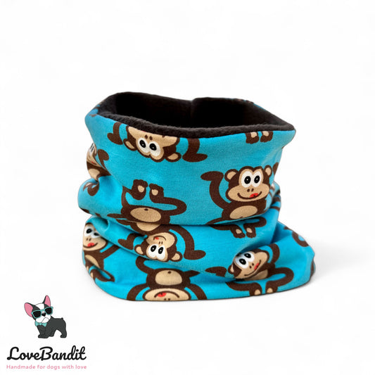 Hundeloop Hundeschal "Die Affen sind los" blau mit Fleece oder Teddyplüsch Lovebandit