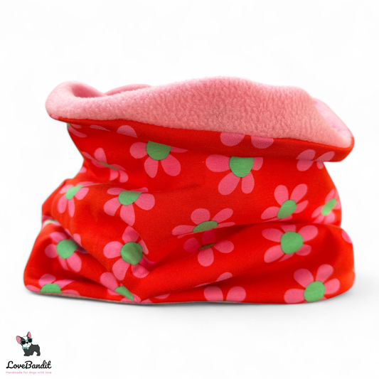 Hundeloop Hundeschal "Retro Blümchen" rot rosa grün mit Fleece oder Teddyplüsch Lovebandit