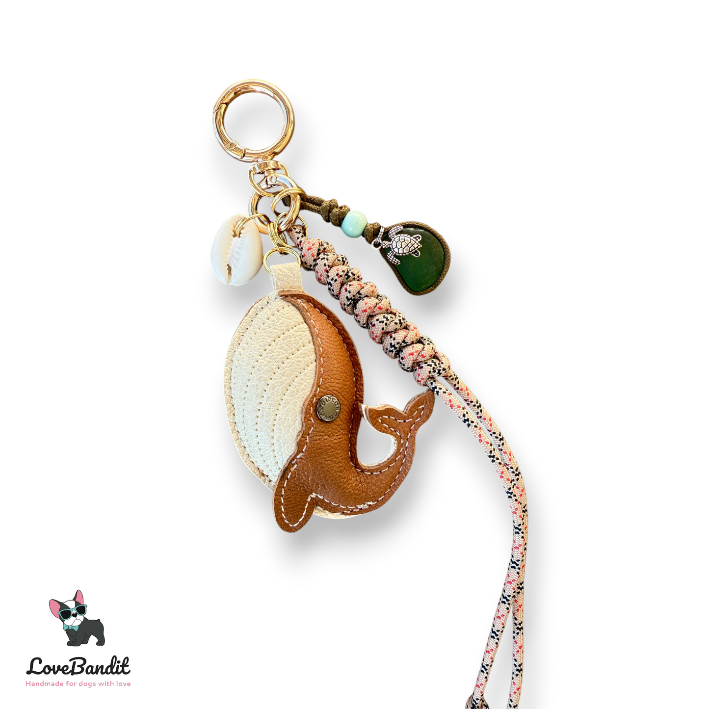 Taschenanhänger Bag Charm Wal Braun mit Meerglas - LoveBandit