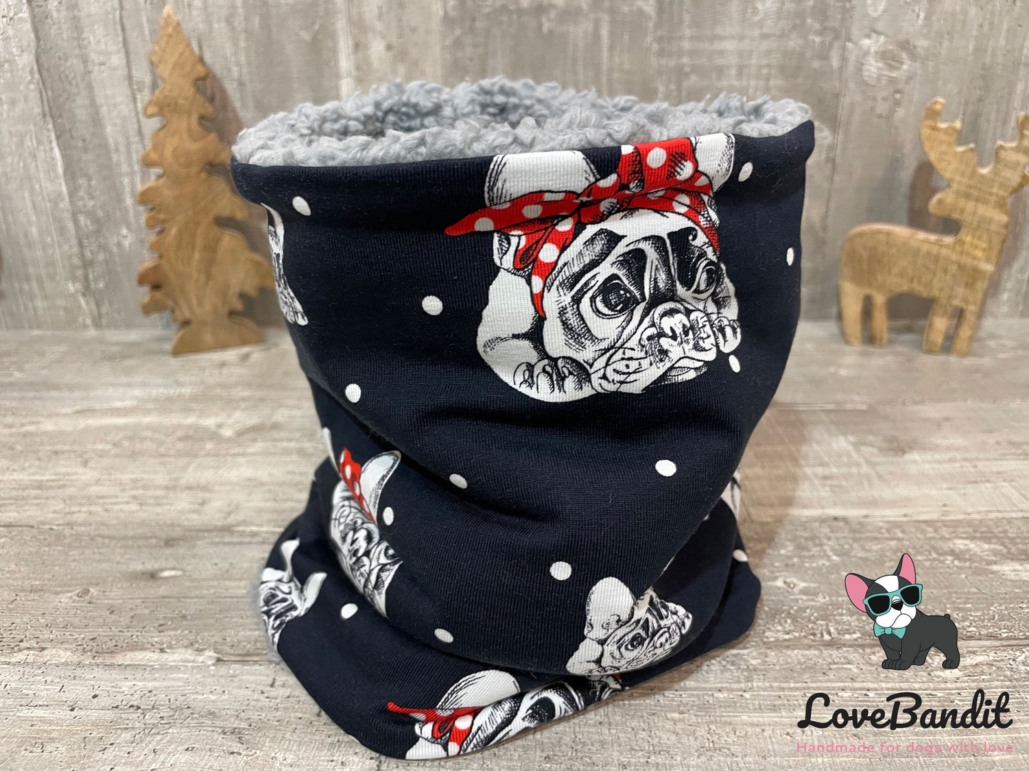 Hundeloop "Frenchie" aus Fleece oder Teddyplüsch schwarz Dots (Bandana) Lovebandit