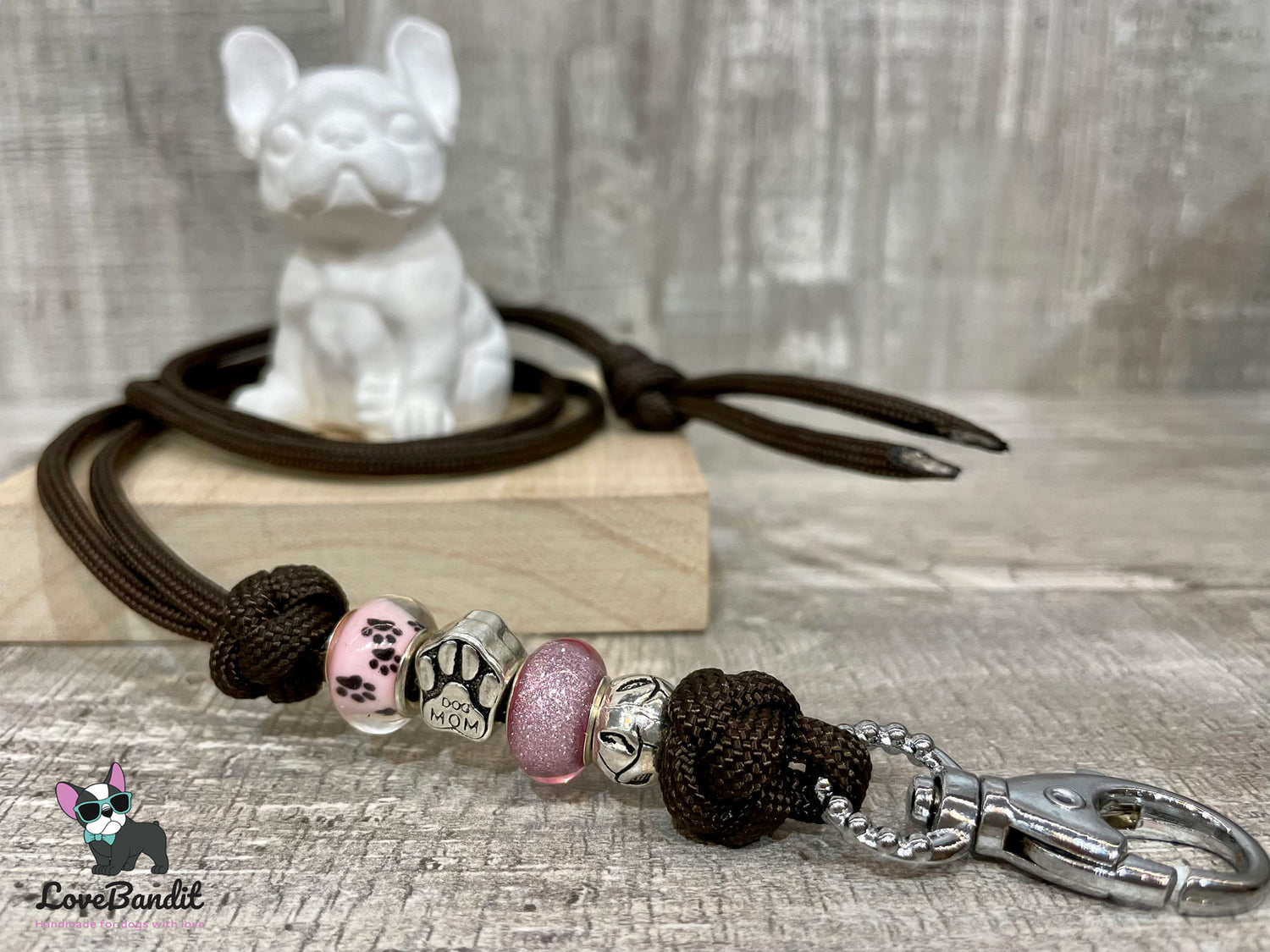 Hundepfeifenband "Pfoten & Dog Mom" aus Paracord (Braun/Rosa) Lovebandit