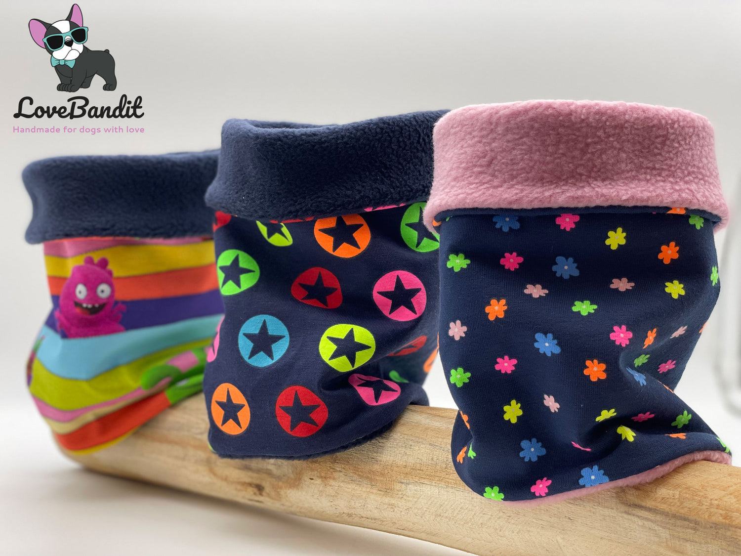 Hundeloop "Blümchen Neon" aus Fleece oder Teddyplüsch (Dunkelblau) Lovebandit
