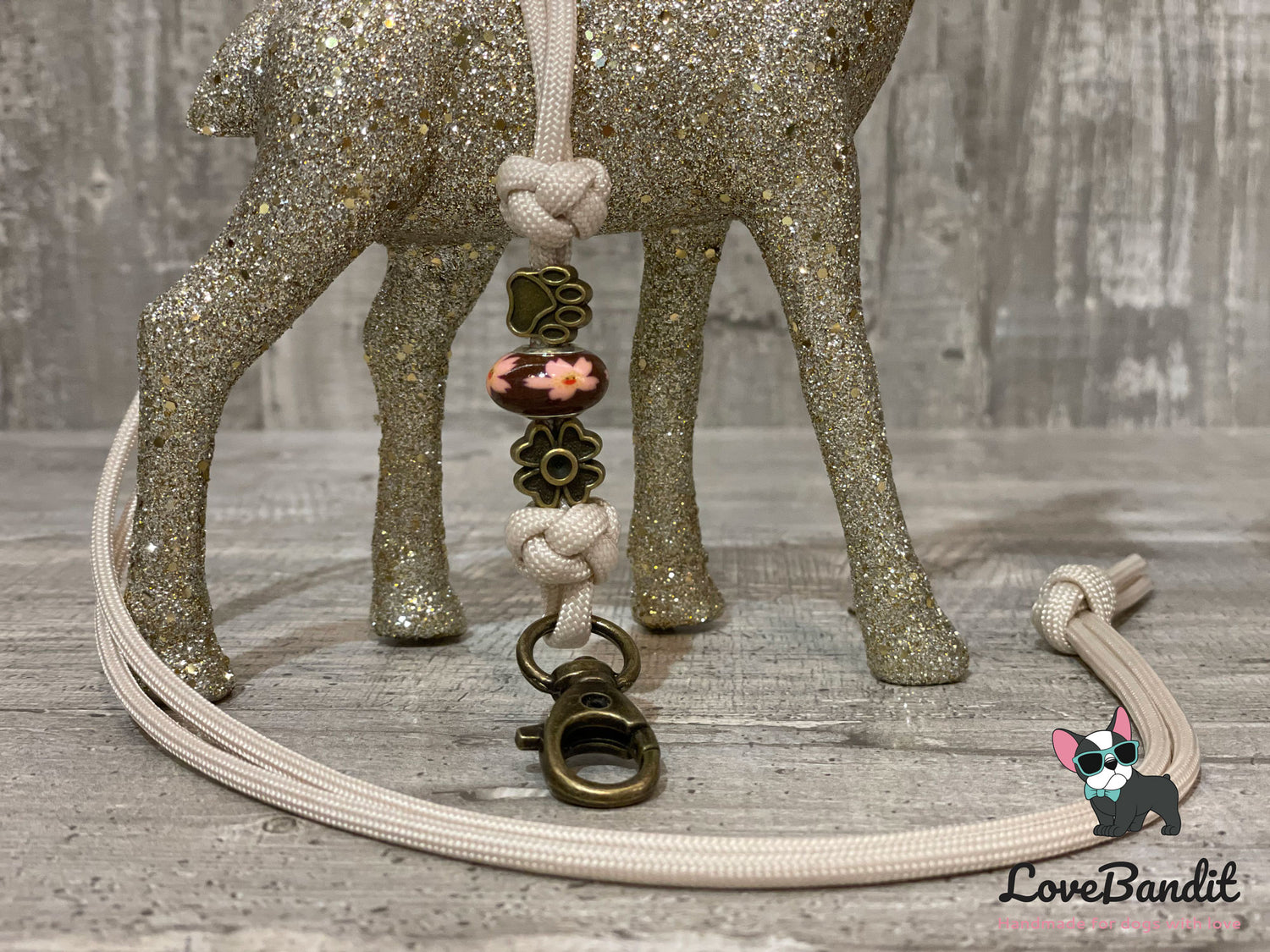 Hundepfeifenband Antik Bronze "Pfote und Kleeblatt" - mit Metall und Glaselementen Lovebandit