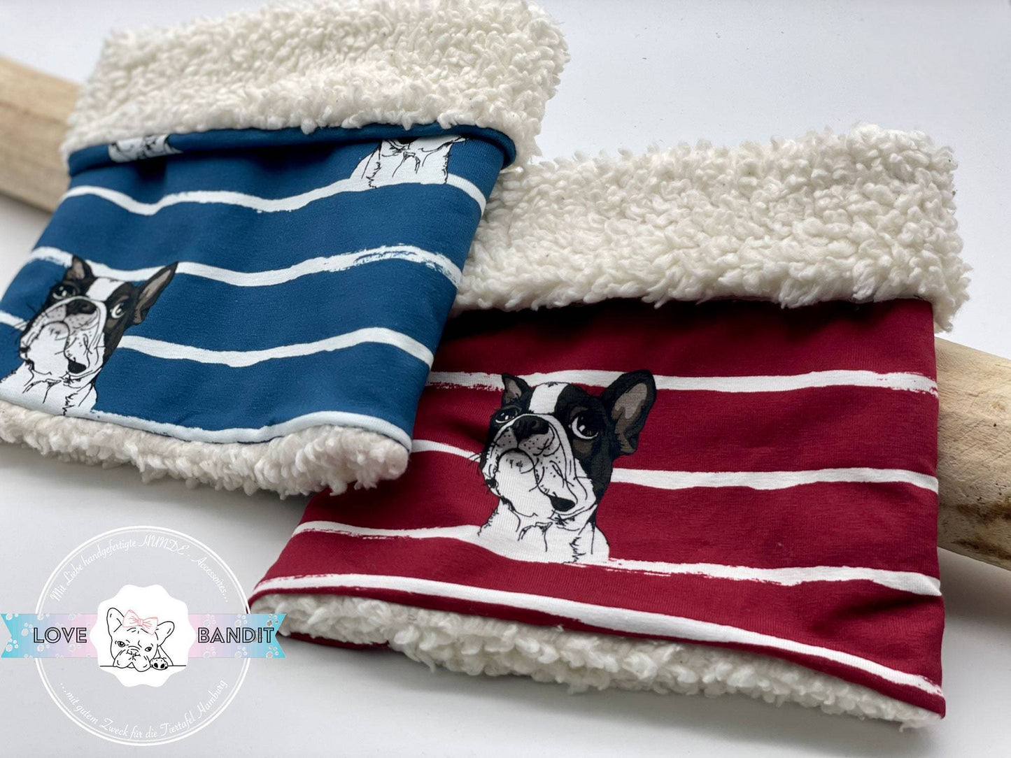 Hundeloop "Winter Bully" Französische Bulldogge aus Teddyplüsch (red stripes) Lovebandit