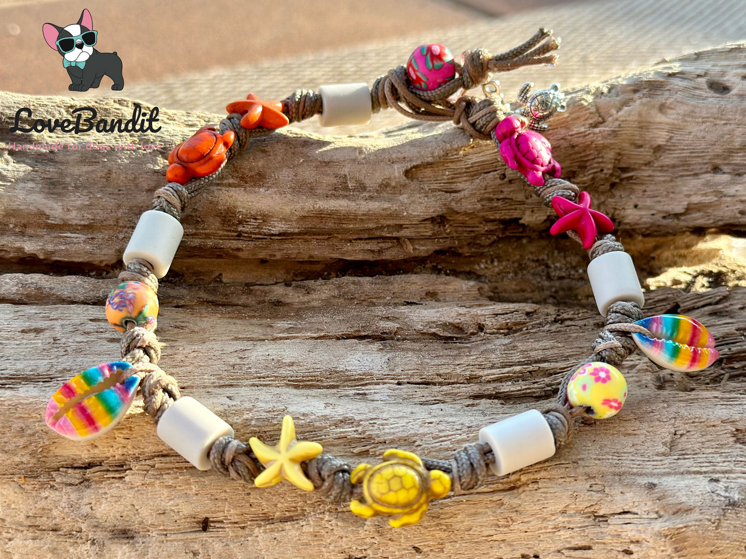 EM Keramik Hundehalsband "Pride Surf Dog" mit Regenbogen Muscheln, Schildkröten und Seesternen Lovebandit